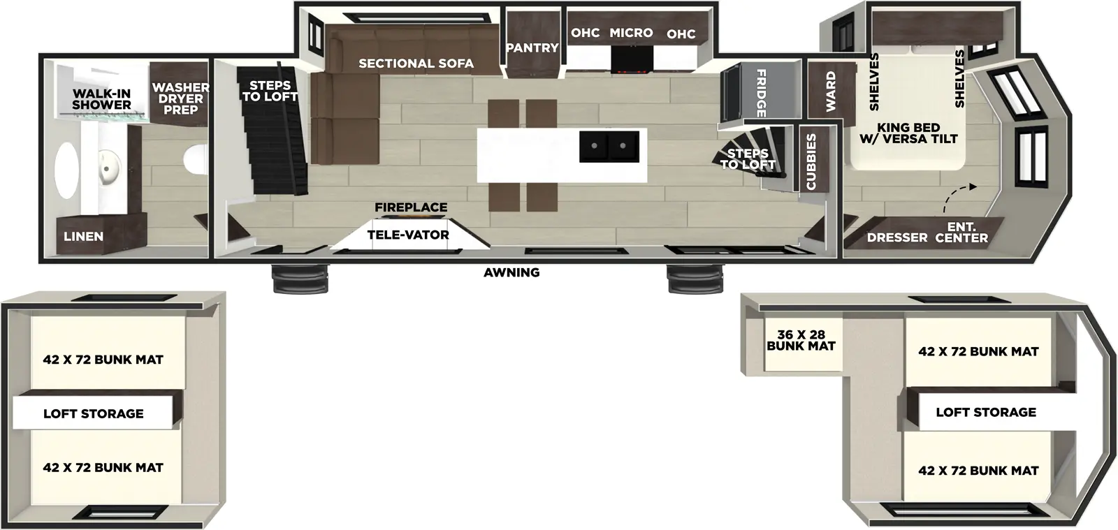 The Wildwood Lodge 42ICE Floorplan has two entries and two slide outs. Exterior features include: fiberglass exterior and 26' awning. Interiors features include: loft, kitchen island, front bedroom and rear bathroom.